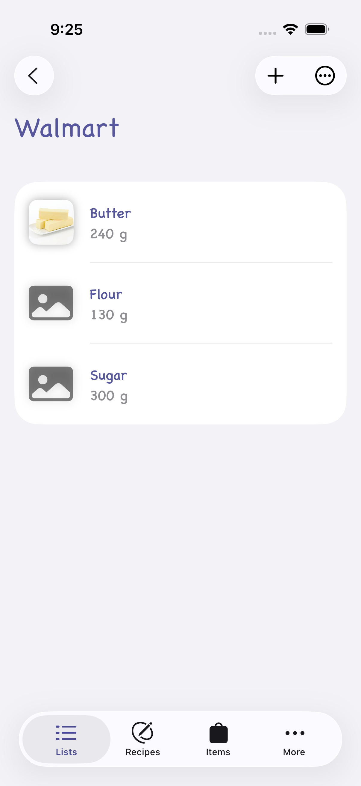 Grocery List shopping items screen