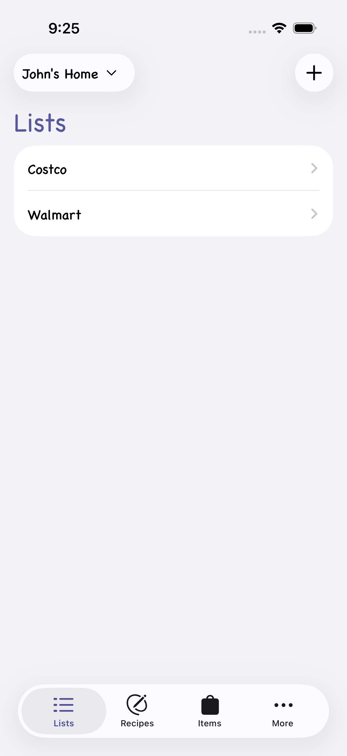 Grocery List lists screen