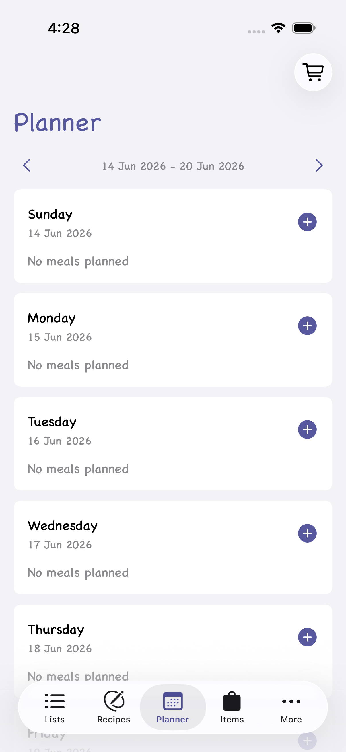 Grocery List meal planner screen