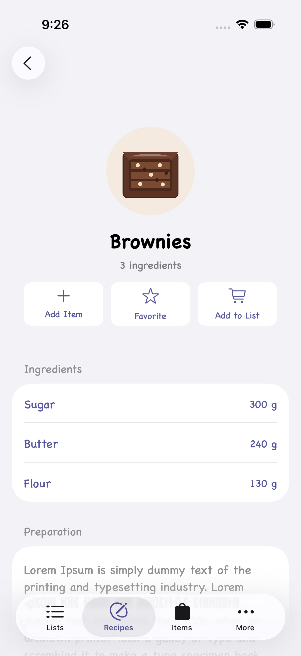 Grocery List recipe screen